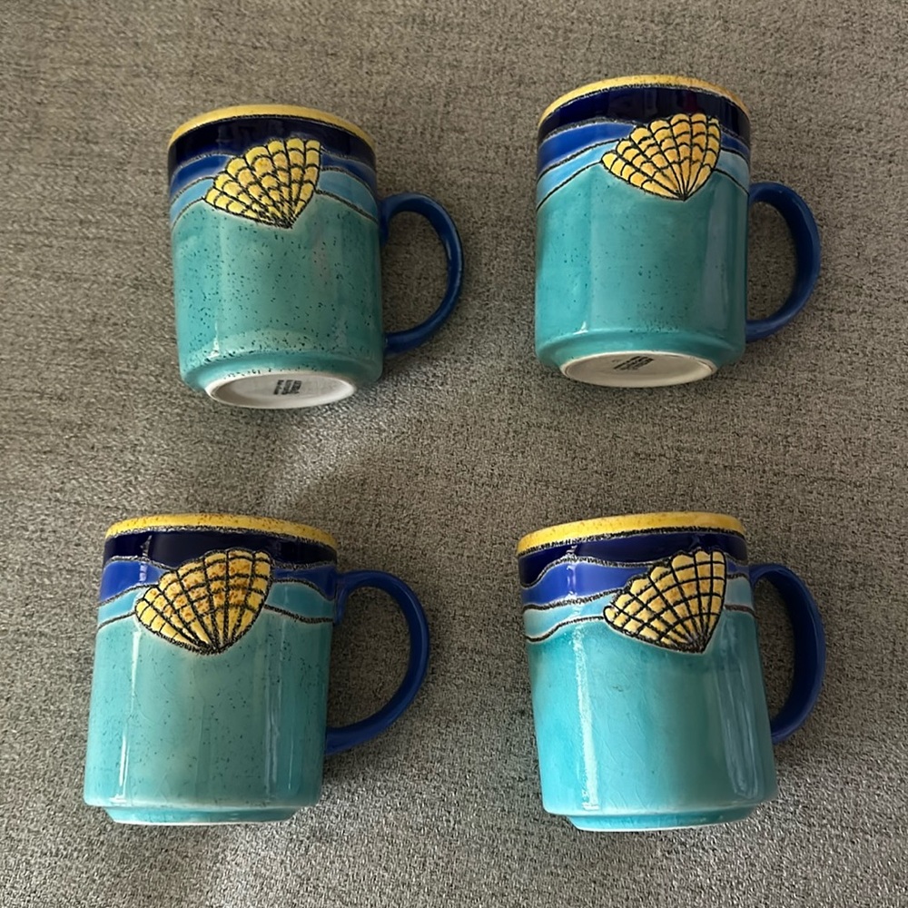 Vintage Modern Artesa Studio Pottery Ecuador Modernist Sea Theme set of 4 mugs